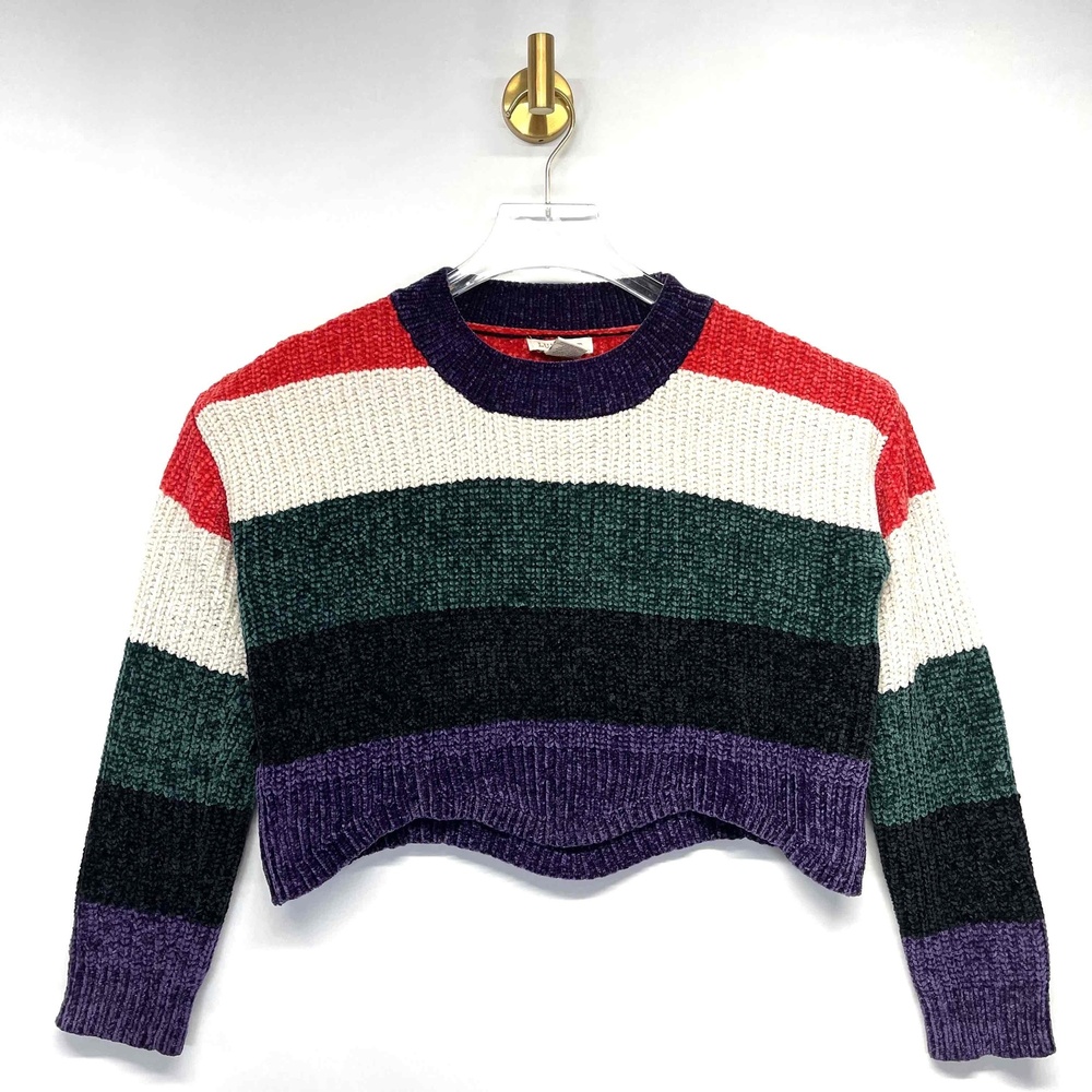 LUV LANE Cropped Sweater Striped Colors Red White Green Black Purple Size Small